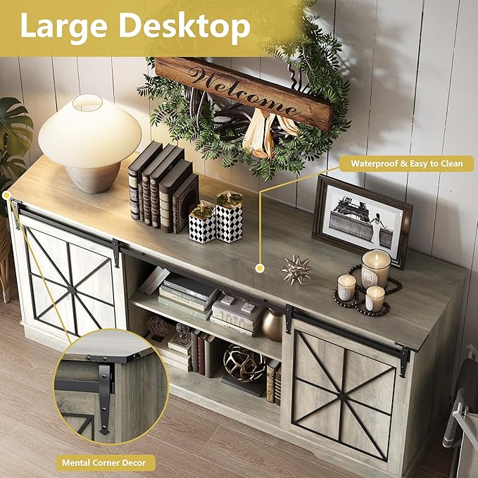Farmhouse TV Stand for 65/60/55 Inch Tvs, Rustic Entertainment Center with Storage Cabinets & Sliding Barn Doors, Modern Media Console Table, Wood Television Furniture for Living Room, Bedroom, Grey
