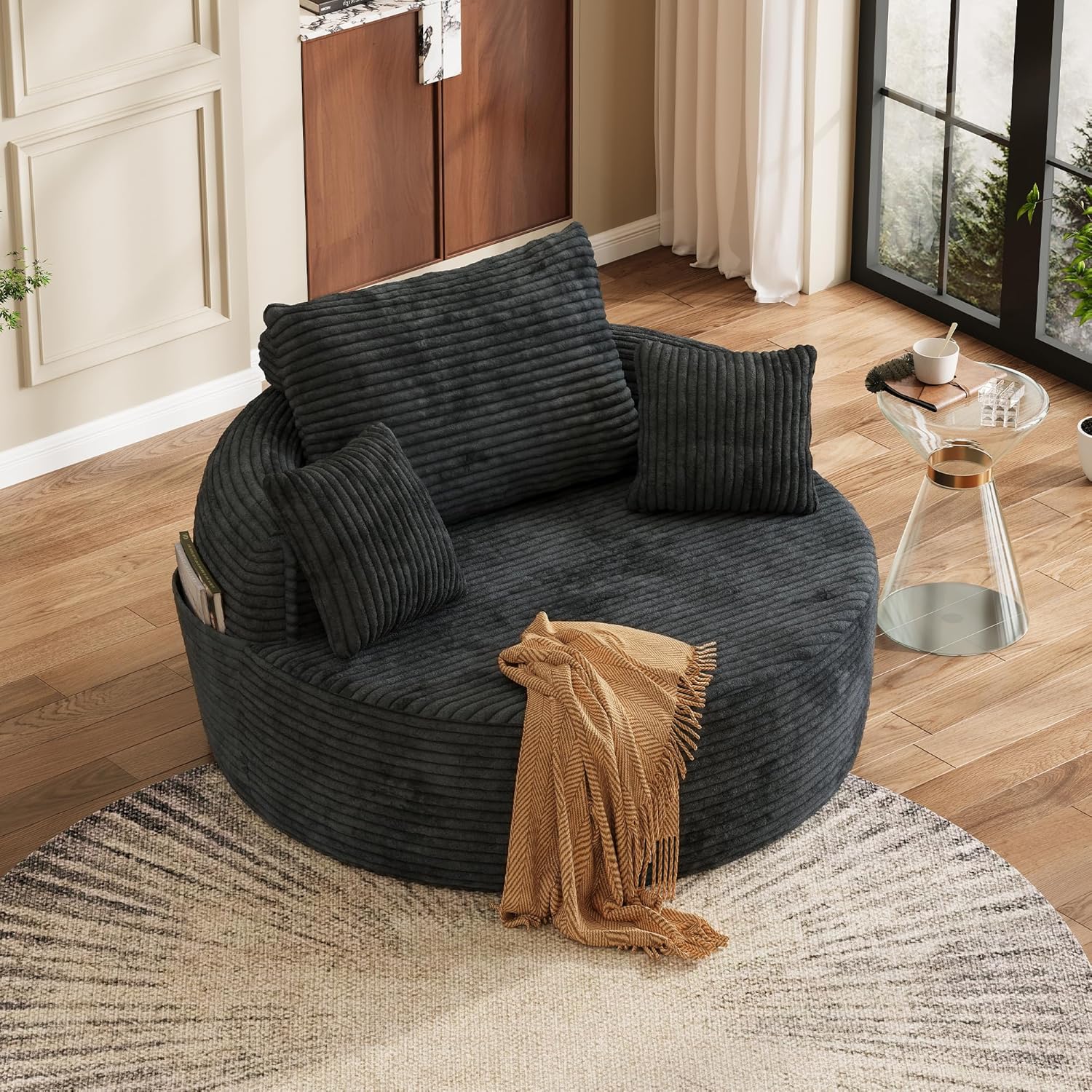 55" Oversized Round Chaise Lounge Chair Indoor, Upholstered Plush Deep Seat Circle Single Cloud Lounge Floor Sofa Chair with 4 Pillows with Side Pocket, Living Room, Bedroom Apartment, Dark Gray