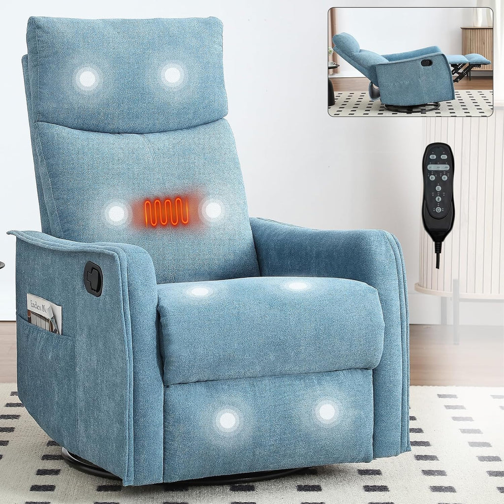 Anwick 360° Swivel Rocker Recliner Chair with Heat and Massage, Manual Upholstered Recliner for Small Spaces, Fabric Glider Nursery Chair with Side Pockets for Living Room (Blue)