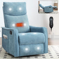 Anwick 360° Swivel Rocker Recliner Chair with Heat and Massage, Manual Upholstered Recliner for Small Spaces, Fabric Glider Nursery Chair with Side Pockets for Living Room (Blue)
