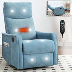 Anwick 360° Swivel Rocker Recliner Chair with Heat and Massage, Manual Upholstered Recliner for Small Spaces, Fabric Glider Nursery Chair with Side Pockets for Living Room (Blue)