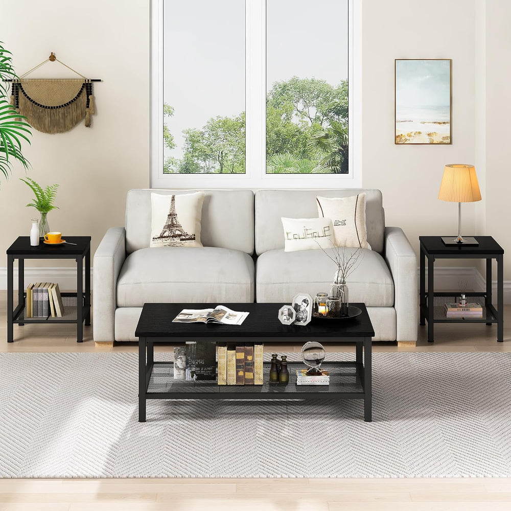 AWQM Coffee Table Set of 3, Industrial Coffee Table with 2 Square End Side Ta...