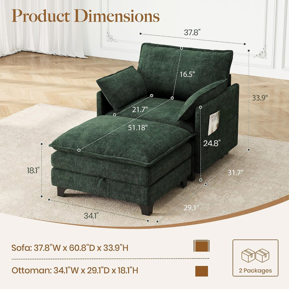 Accent Sofa Chair with Storage Ottoman, Cloud Sigle Couch with Side Pocket fo...