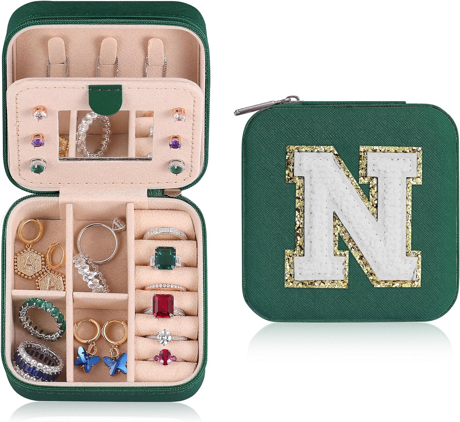 Parima House Warming Gifts New Home - Personalized Green Jewelry Holder Organizer for Travel | Preppy Stuff & Room Decor for Teen Girls | Travel Jewelry Case - Letter N