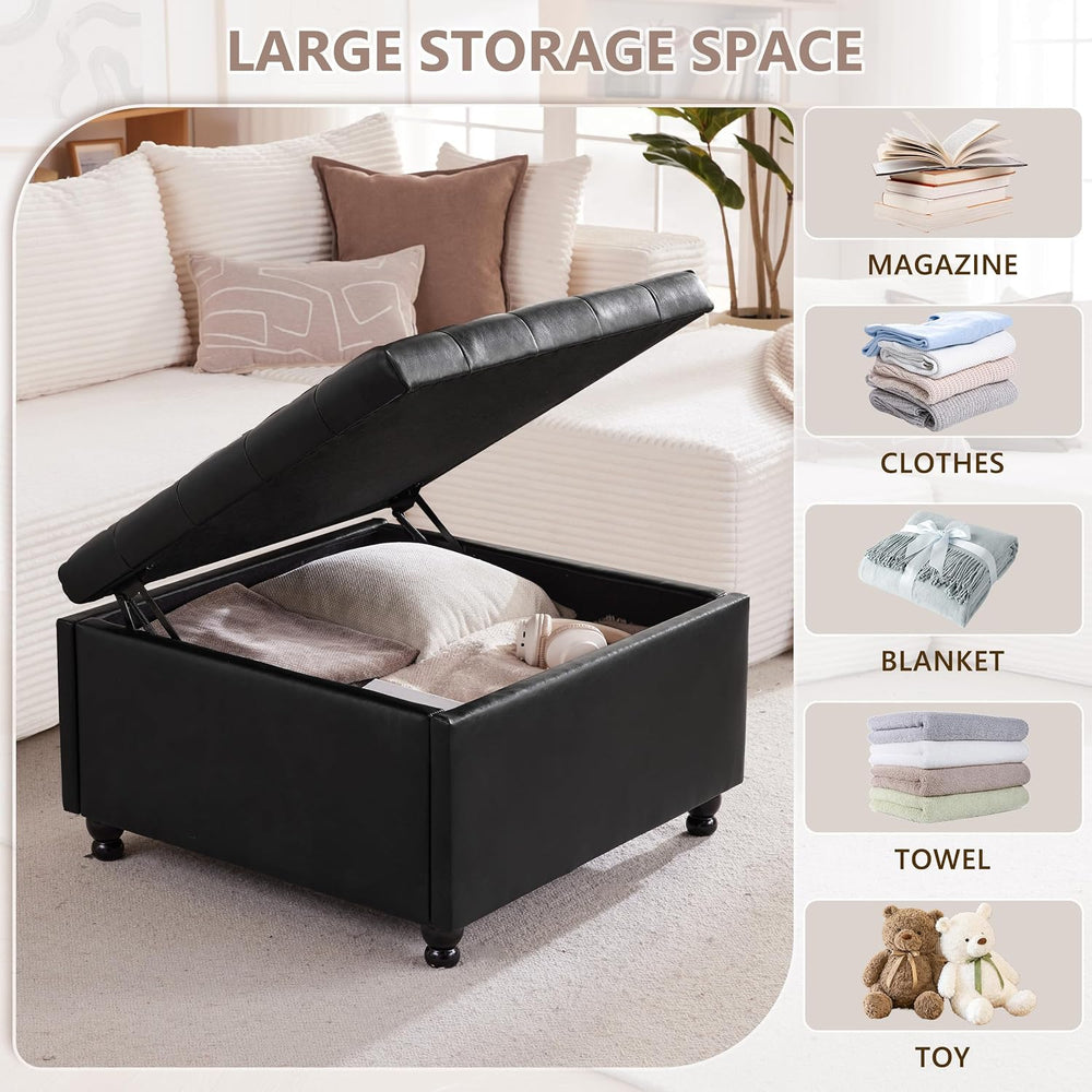 28" Large Square Ottoman with Storage, Leather Ottoman Coffee Table, Bla...