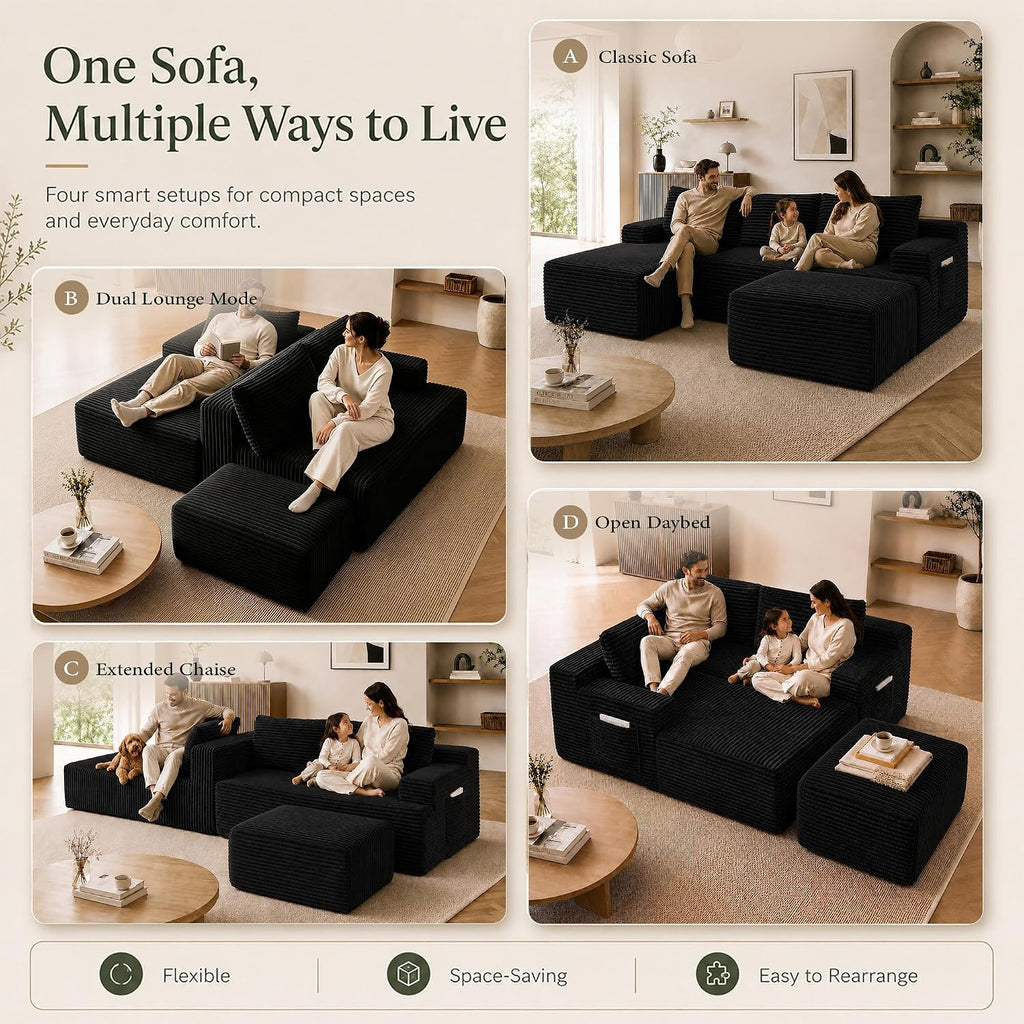 Boneless Couch, Modular Sectional Couches for Living Room, U-Shaped Cloud Couch Sofa with Deep Seat, Fluffy Corduroy Upholstered Corner Sofa