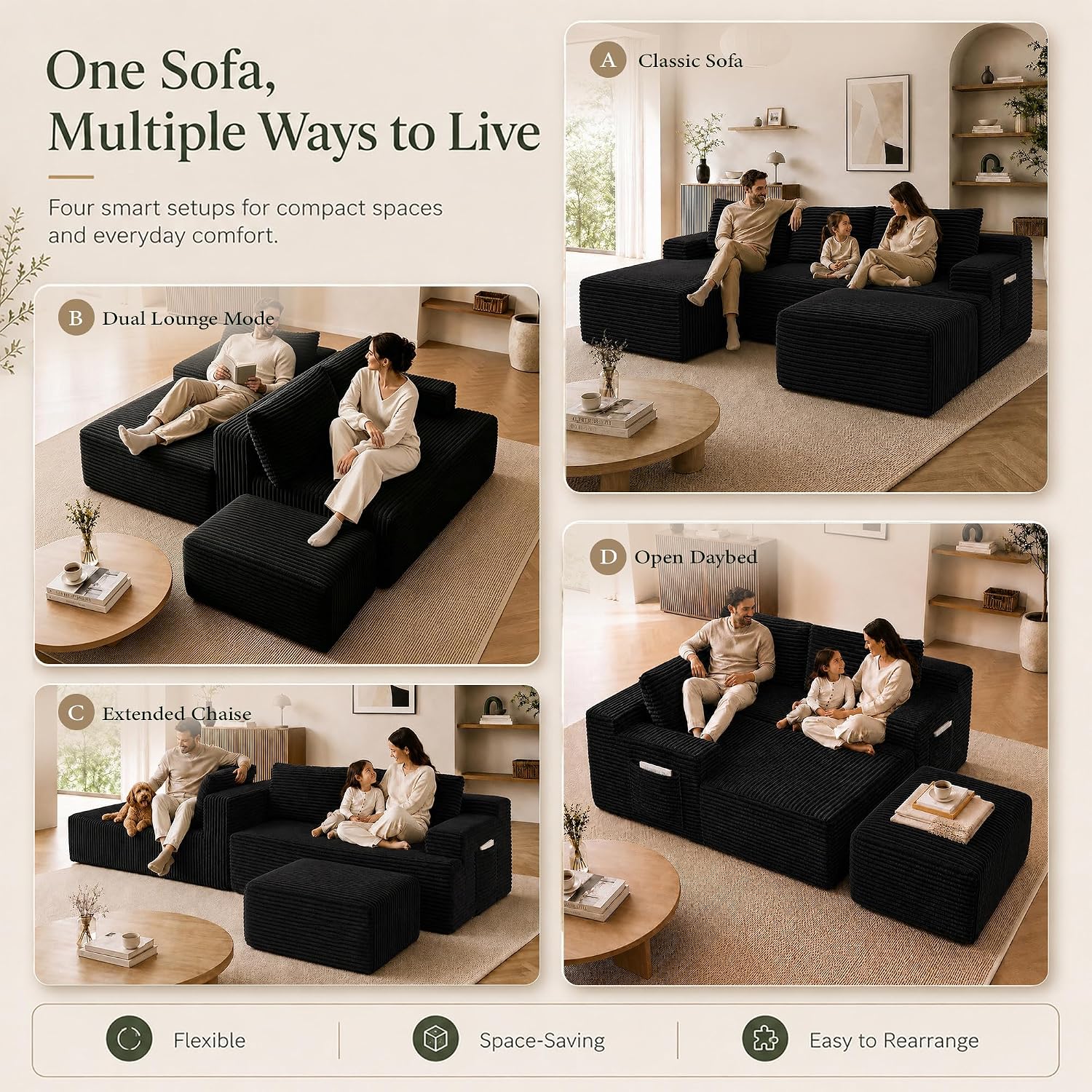 Boneless Couch, Modular Sectional Couches for Living Room, U-Shaped Cloud Couch Sofa with Deep Seat, Fluffy Corduroy Upholstered Corner Sofa