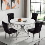 47.2" Round Dining Table Set for 4, White Faux Marble Kitchen Table & 4 Black Velvet Chairs with Silver Stainless Steel Legs, Luxury 5 Piece Round Dining Room Table Set for Kitchen Dining