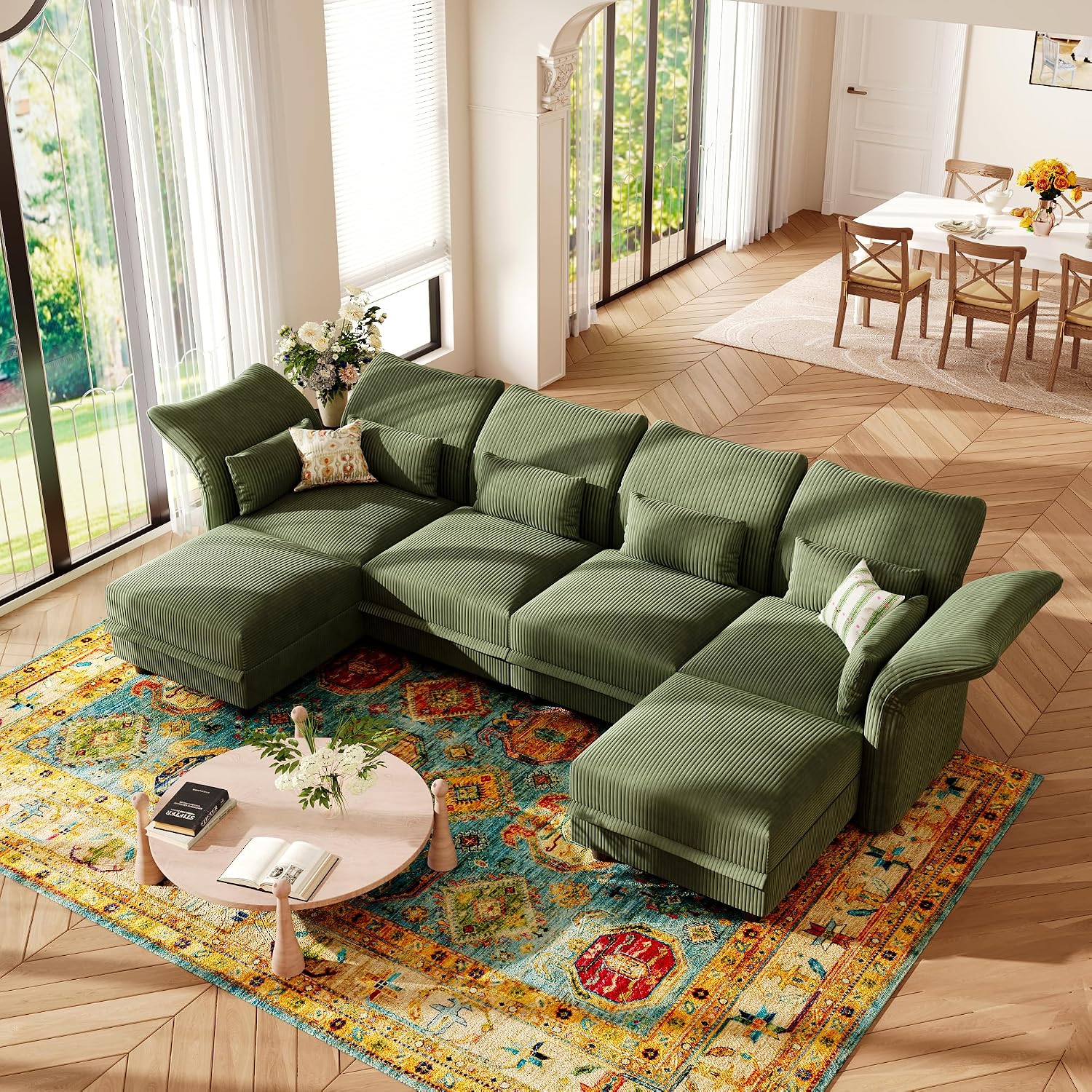 LLappuil U Shaped Sectional Sofa with Storage, 6 Seat Green Corduroy | Adjustable Backrests & Arms, Extra Deep Seat Cushions, OEKO-TEX Certified Fabric, Solid Wood Frame + 35D Foam