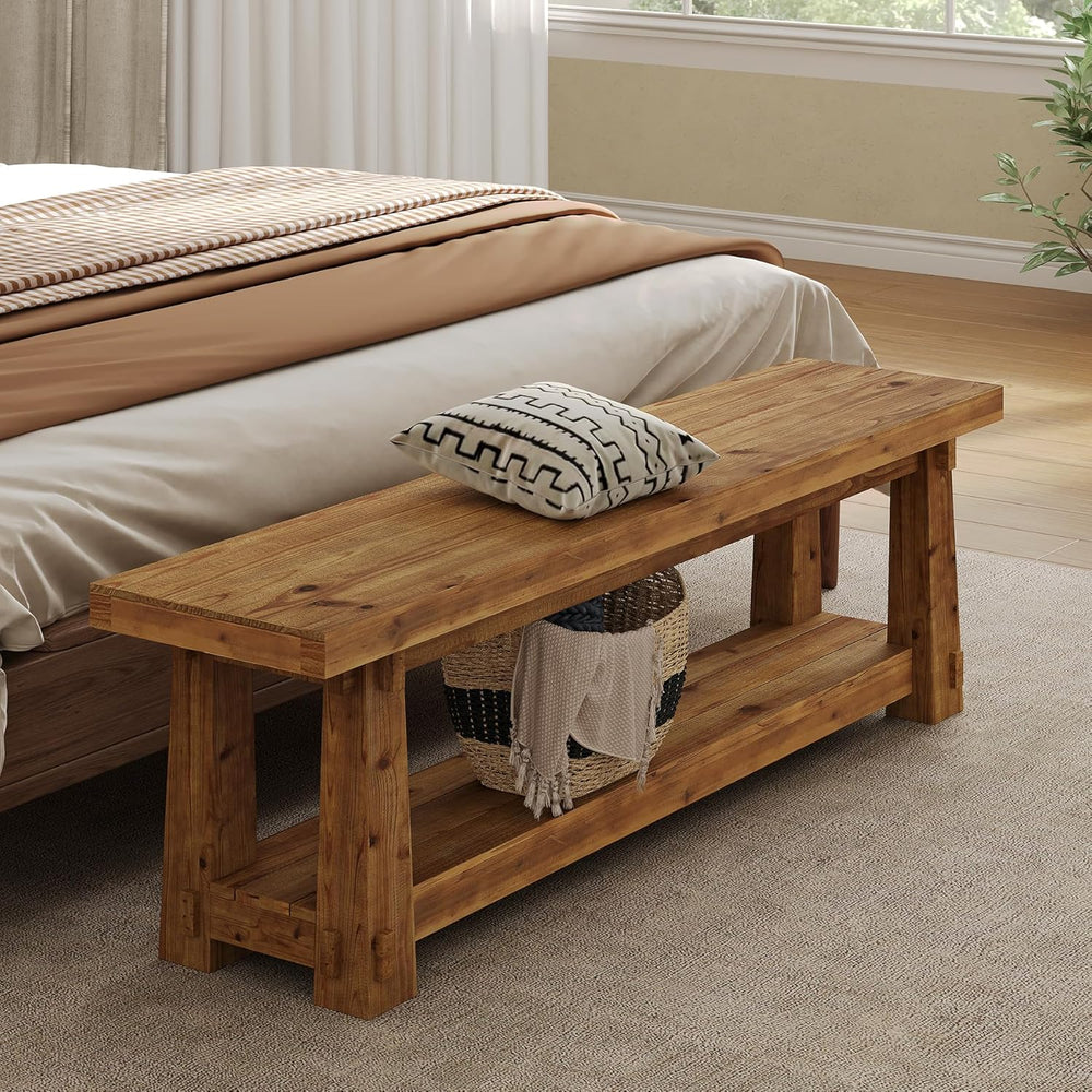 55" Solid Wood Entryway Bench with Shoe Storage, Rustic Wood Grain Shoe ...