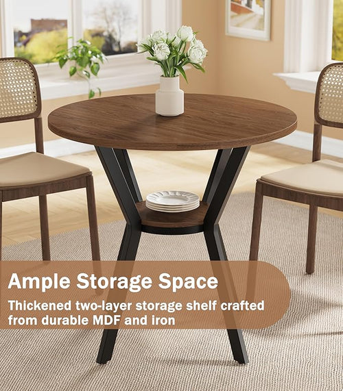 31.5" Round Dining Table for 2-4, Farmhouse Small Kitchen Table with Storage, Space Saving Circle Table, Rustic Wood Dining Room Tables with Metal Legs for Kitchen, Dining Room, Apartment