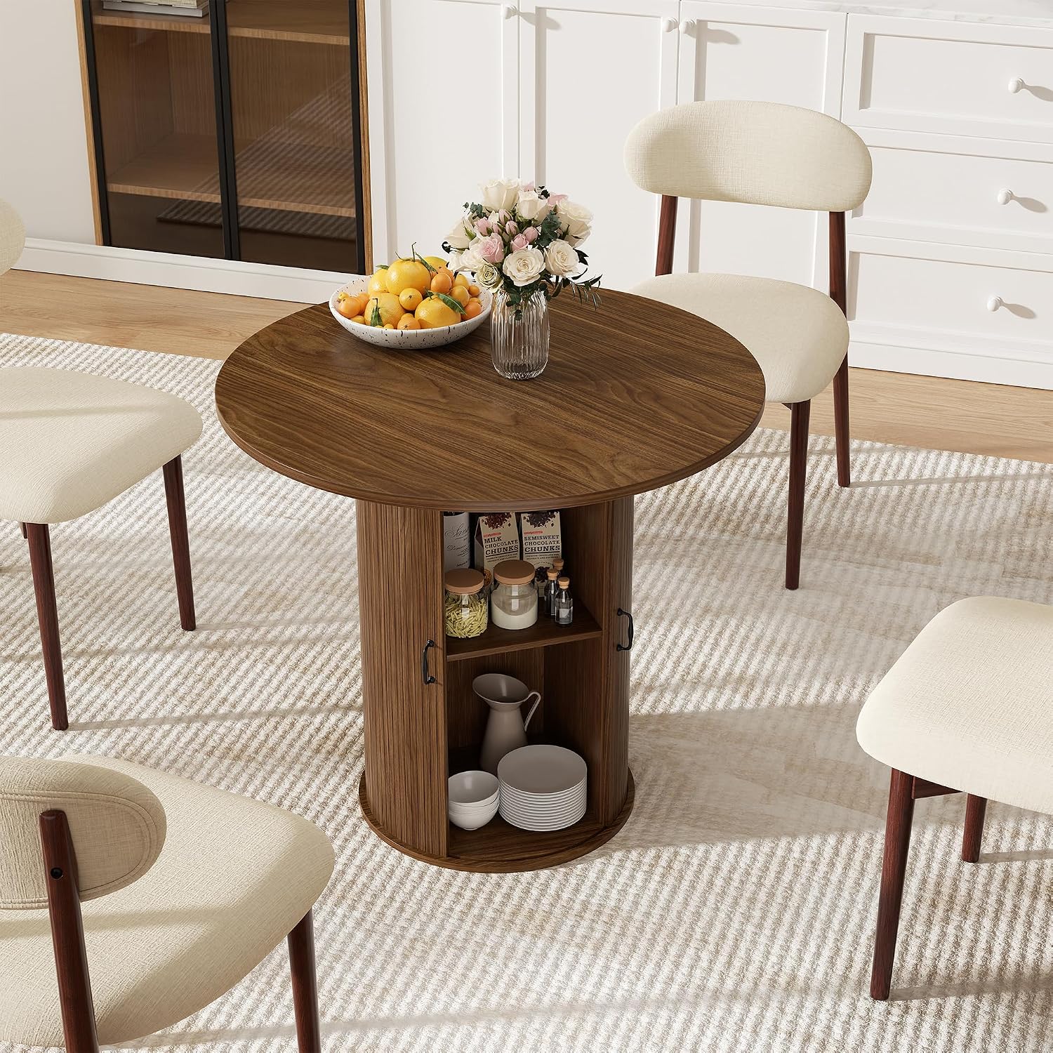31.5 inch Round Dining Table for 2, Small Dinner Table with 2-Layer Storage Shelf, Morden Circle Kitchen Table with Wood Strip Base and Slide Door for Home Dining Room, Living Room, Walnut