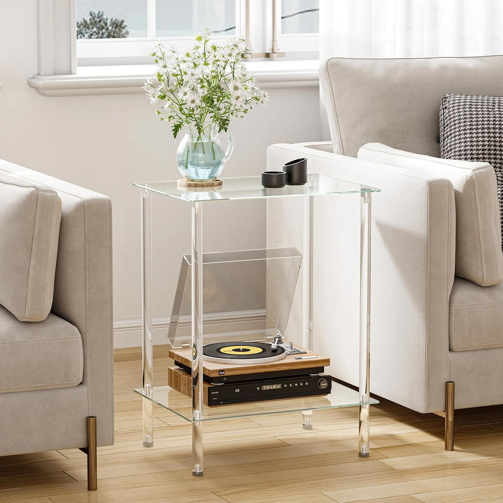Tempered Glass Side Table, Acrylic End Table, 2-Tier Transparent Nightstand, ...