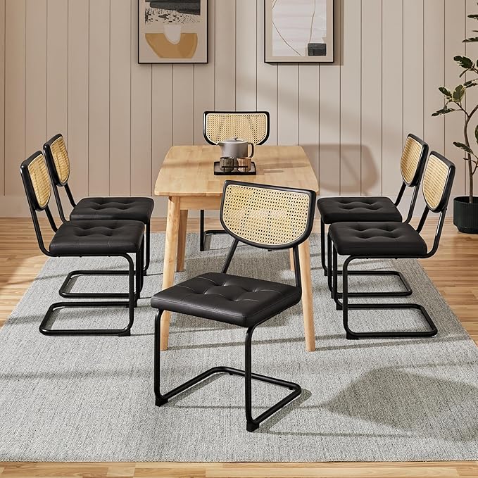 Yaheetech Rattan Dining Chairs Set of 6 Mid Century Modern Dining Room Chairs with Chrome Legs and Rattan Back for Home Kitchen, Faux Leather, Black