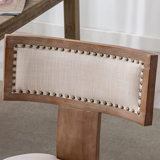 Mid Century Modern Dining Chairs Set of 6 Linen Fabric Upholstered Kitchen Side Chairs with Nailhead Trim, Modern Kitchen Armless Solid Wood Dining Chairs, Beige
