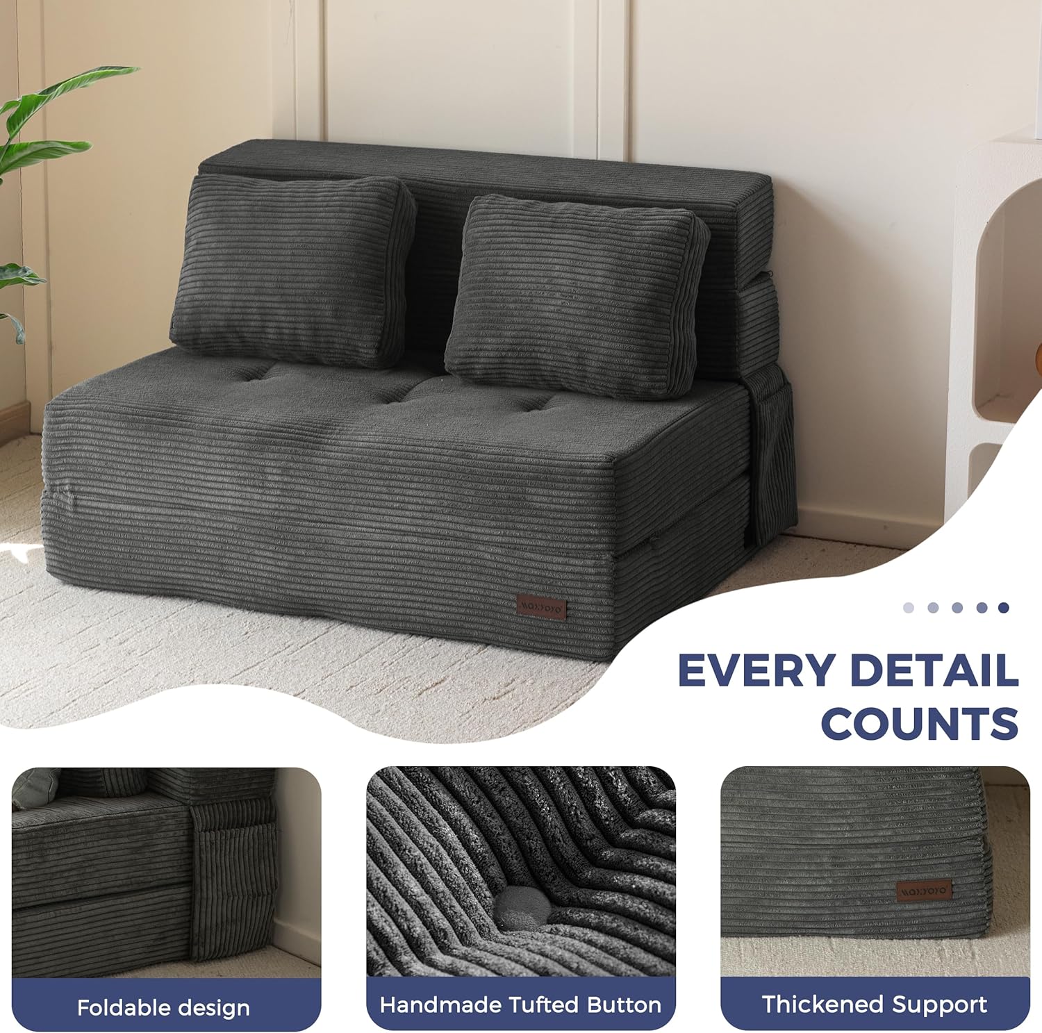 MAXYOYO Convertible Sofa Bed, Fold Out Sofa Couch with Pillow for Adults | Loveseat Sofa 4 in 1 Tufted Folding Couch Bed Foam Floor Couch, Lazy Chair for Living Room Bedroom Guest Room, Dark Grey