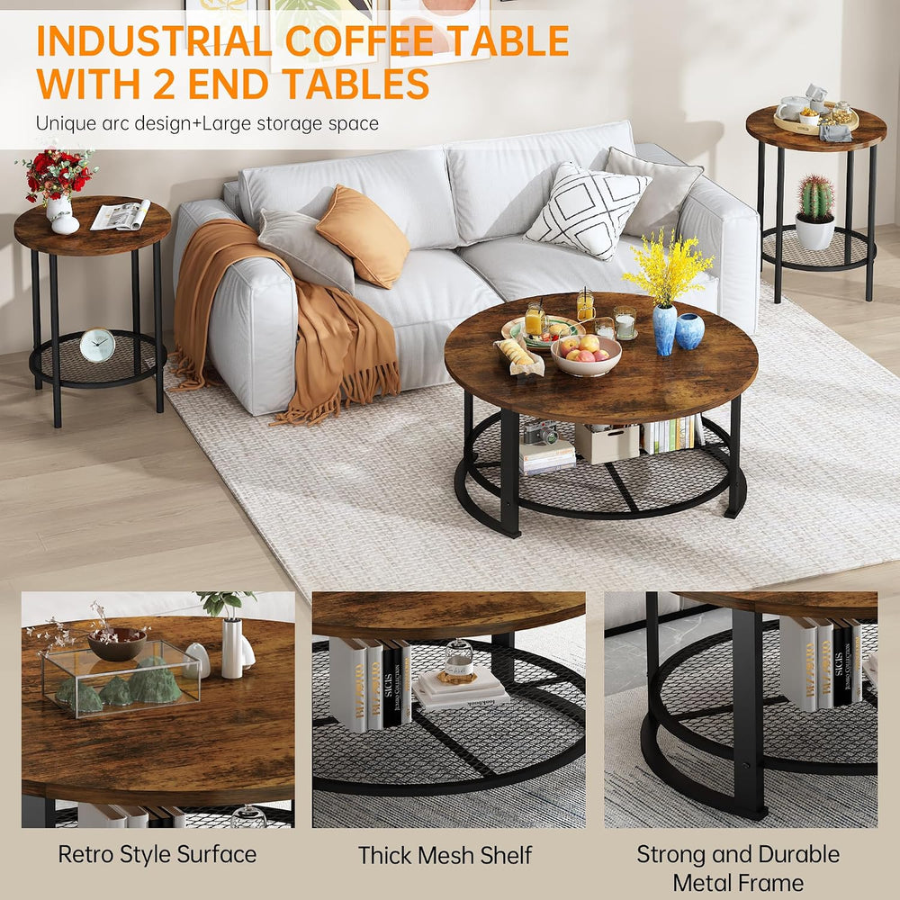 DKLGG 3-Piece Coffee Table and End Table Sets for Living Room, Round Coffee T...