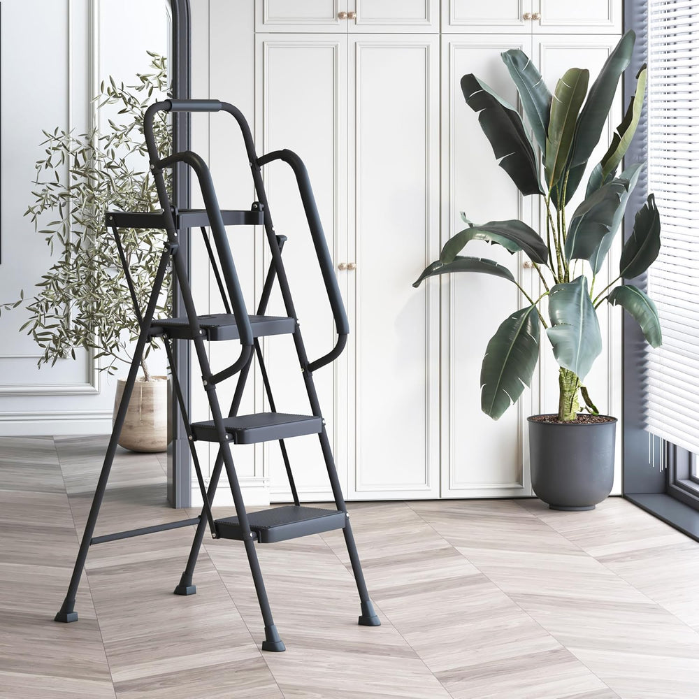 WiberWi 3 Step Ladder with Handrails Folding Step Stool with Tool Plateform, ...
