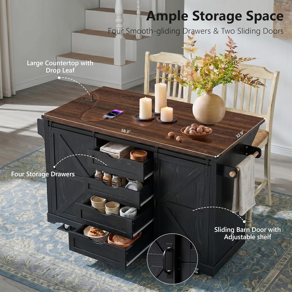 72" Farmhouse Kitchen Island with Sliding Barn Doors, Black | Fridge Spa...