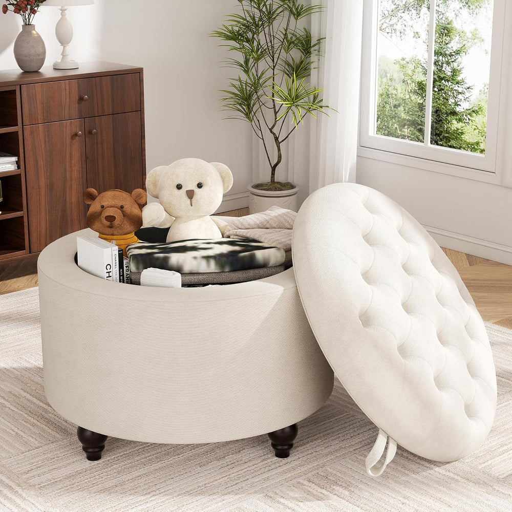 24 Inch Round Storage Ottoman,Modern Tufted Ottomans,Circular Coffee Table wi...