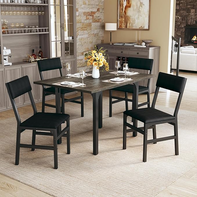 Dining Table Set for 4, Extendable Kitchen Table Cushion Chairs Set of 4, Rectangle Dining Table with Metal Frame & MDF Board, Folding for Small Apartment Saving Space, Gray
