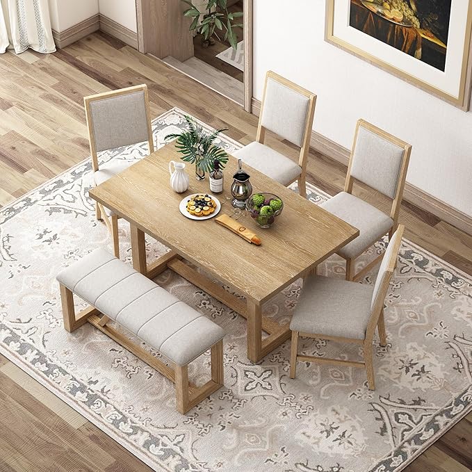 Merax Farmhouse Wood 6-Piece Dining Set, 59.6 inch Rectangular Table, 4 Uphol...