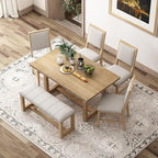 Merax Farmhouse Wood 6-Piece Dining Set, 59.6 inch Rectangular Table, 4 Upholstered Chairs and 1 Bench for Kitchen, Natural