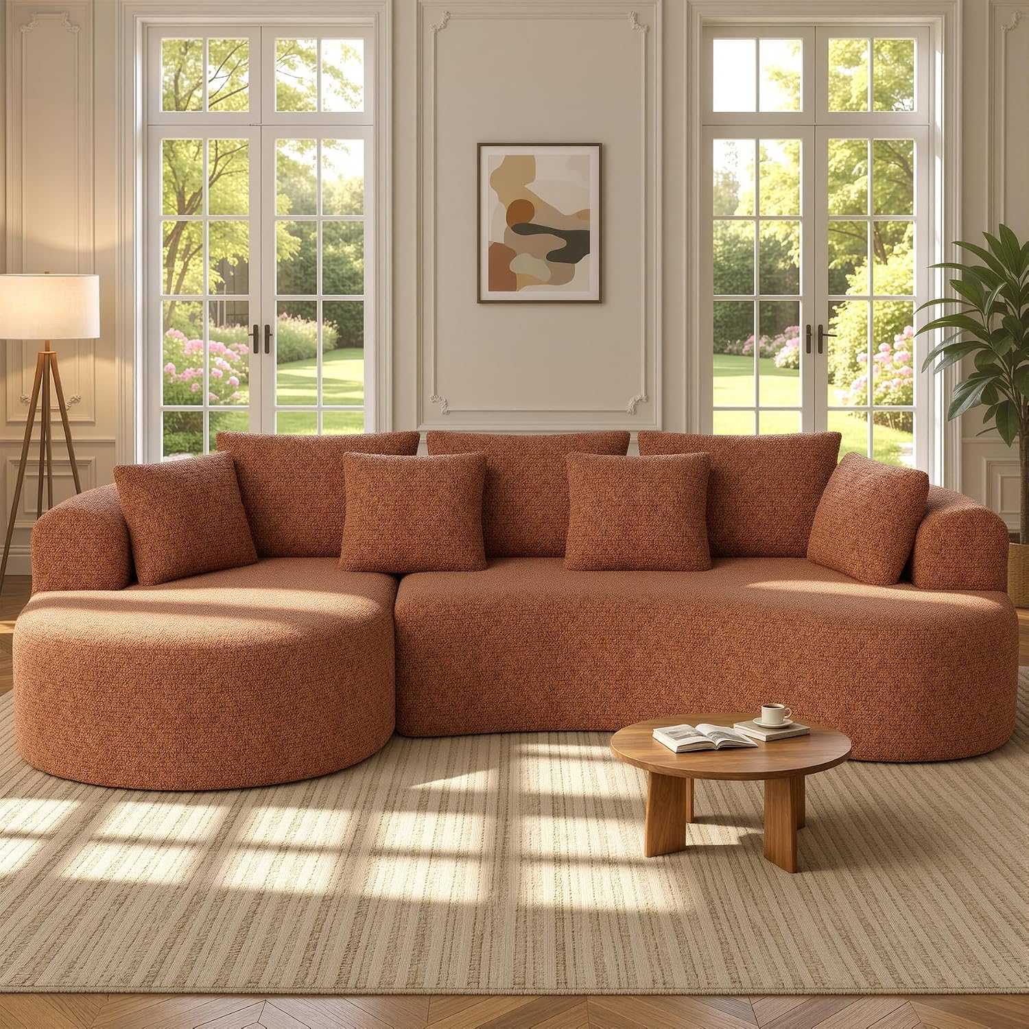 126" Oversized Curved Sectional Sofa for Living Room, Boneless Modern Couch with Chaise, Cloud Couch with 7 Pillows, No Assembly, Caramel 1PCS