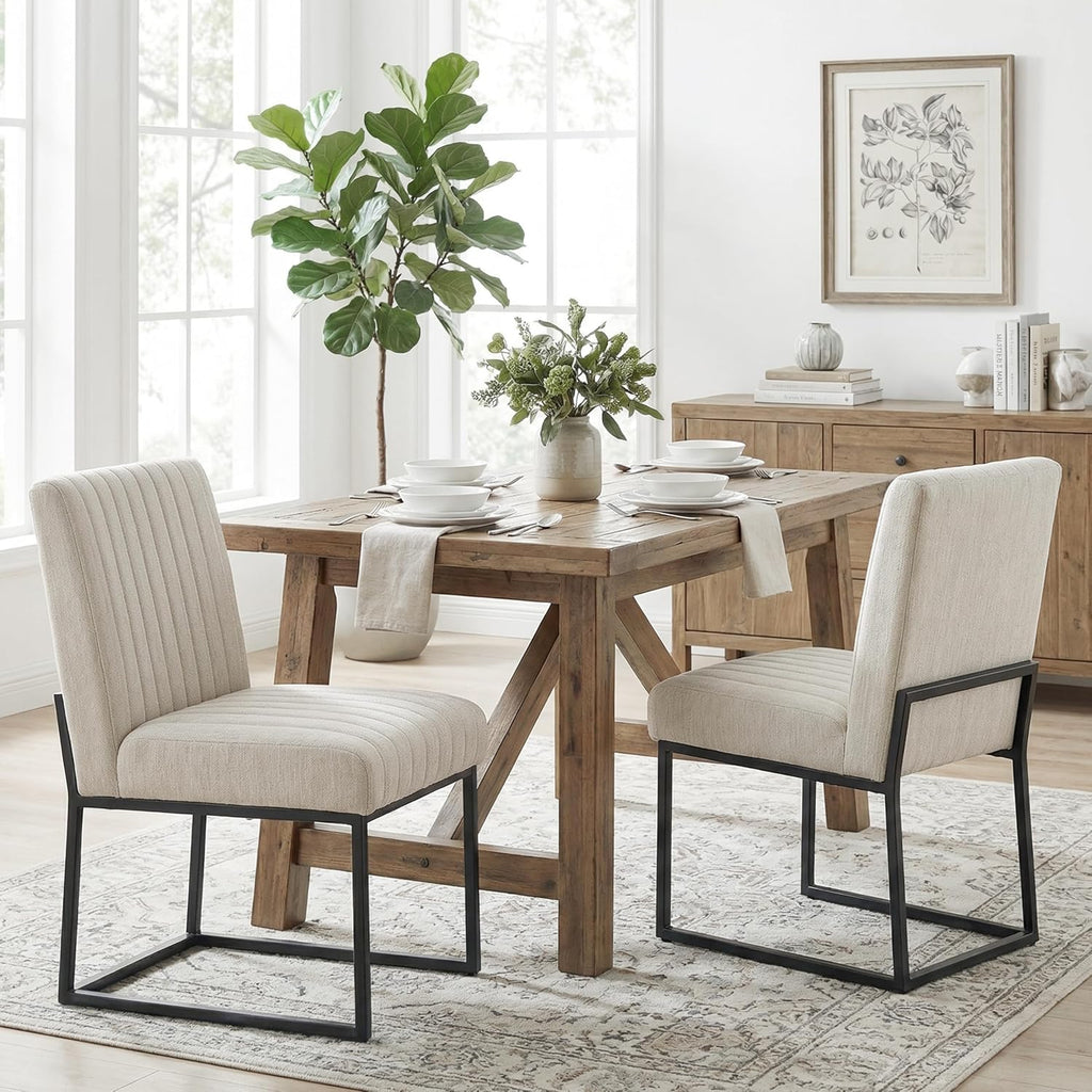 VKNOW Upholstered Dining Chairs, Modern Dining Room Chairs with Stripe, Linen Kitchen Chair Dinner Chair with Black Metal Base for Kitchen, Beige