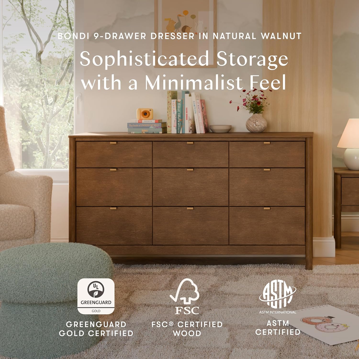 Babyletto Kids 9-Drawer Baby Dresser, GREENGUARD Certified, Natural Walnut | TSCA-Compliant, Boho-Inspired Wooden Dresser for Nursery, Bedroom & Living Room, Ships Fully Assembled, Anti-Tip Kit Included