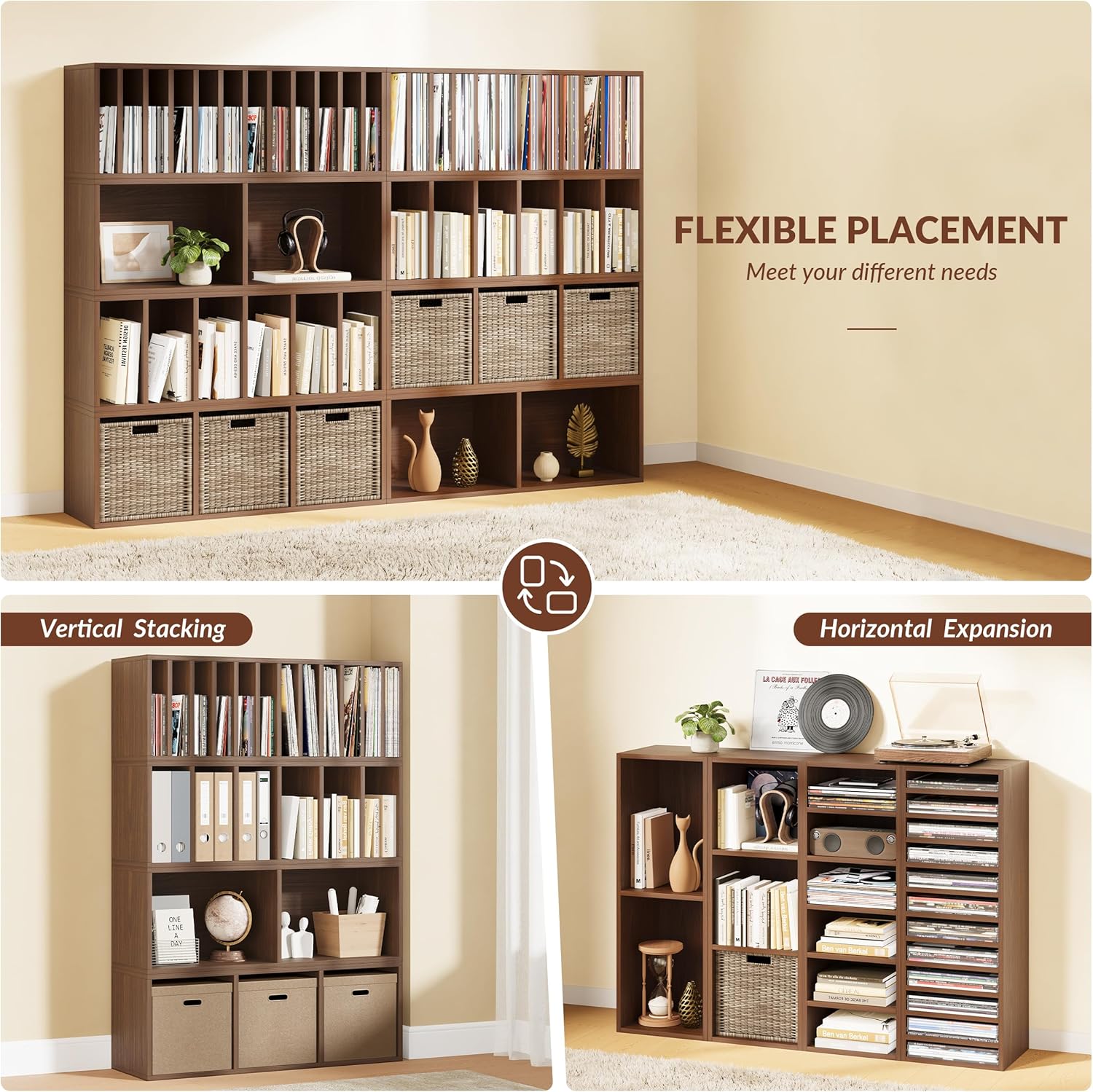 IOTXY DIY Modular Cube Bookcase - CubeXY Customizable Stackable Expandable Combination Set, 23-Cube Open Bookshelf for Books, Fabric Storage Bin, and Vinyl Record Organizer, Walnut