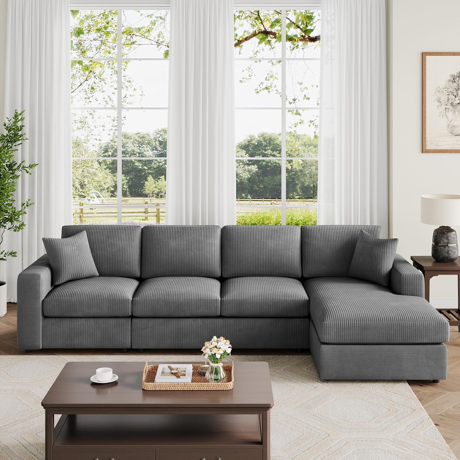119" L-Shaped Sectional Sofa with Reversible Chaise, Modern Corduroy Couch with Deep Seats, 4-Seater Upholstered Sofa for Living Room or Apartment, Dark Grey