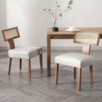 Rattan Dining Chairs Set of 2, Mid-Century Modern Dining Chair, Kitchen Dining Room Chairs, Curved Cane Back Upholstered PU Leather Dining Chairs with Wood Frame, Grey