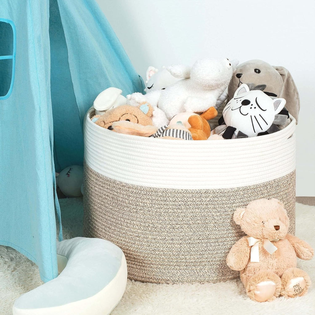 MINTWOOD Design Extra Large 22 x14 Inches Decorative Woven Cotton Rope Blanket Storage Basket Bin Living Room and Laundry Hamper for Pillows, Pool Towels, Dog Toys, Shoes, Light Brown