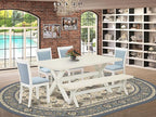 East West Furniture X027MZ015-6 6 Piece Kitchen Table Set Contains a Rectangle Dining Table with X-Legs and 4 Baby Blue Linen Fabric Parson Chairs with a Bench, 40x72 Inch, Multi-Color