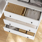 VOWNER 20“D Armoire Wardrobe Closet with Fluted Glass, 71" H Clothing Storage Cabinet with Hanging Rod, 4 Soft-Close Doors Wooden Wardrobe Cabinet for Bedroom, Large Capacity Storage White(CC)