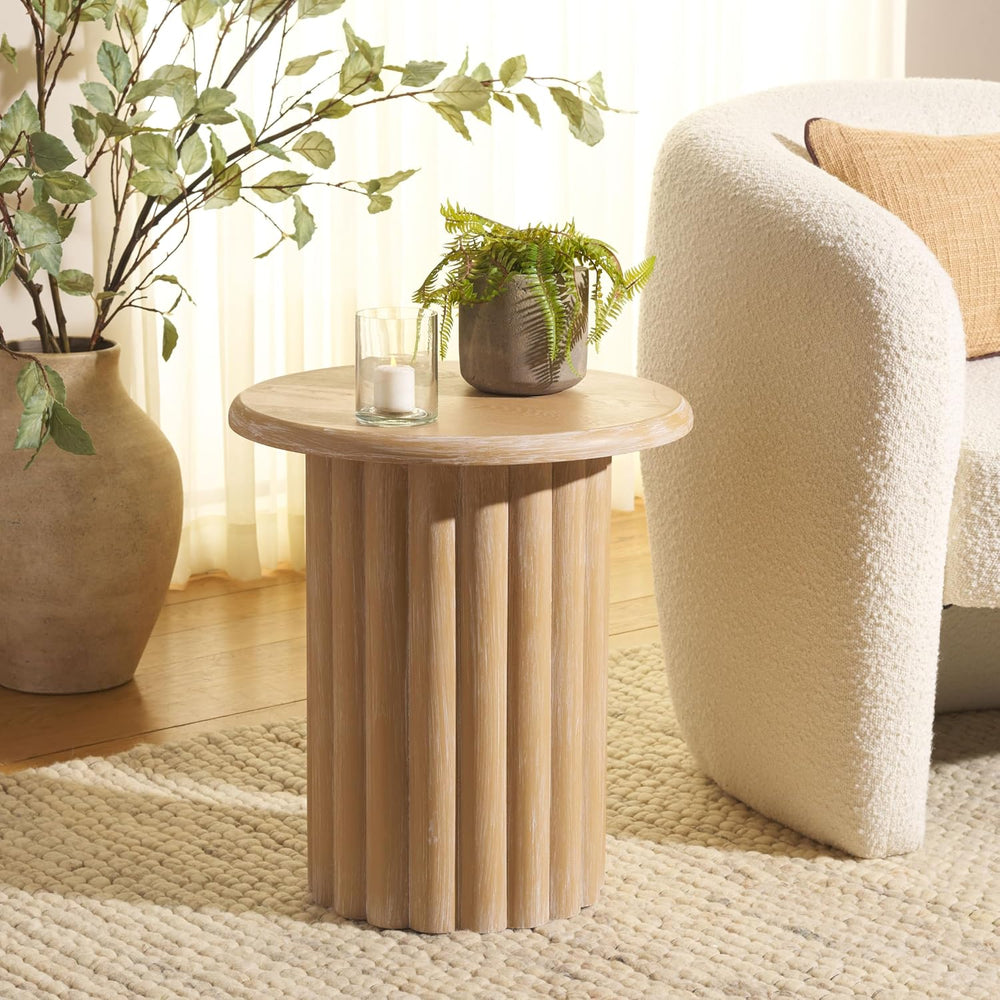 SAFAVIEH Home Collection Monka Bleached White Round Top Pedestal End Table (F...