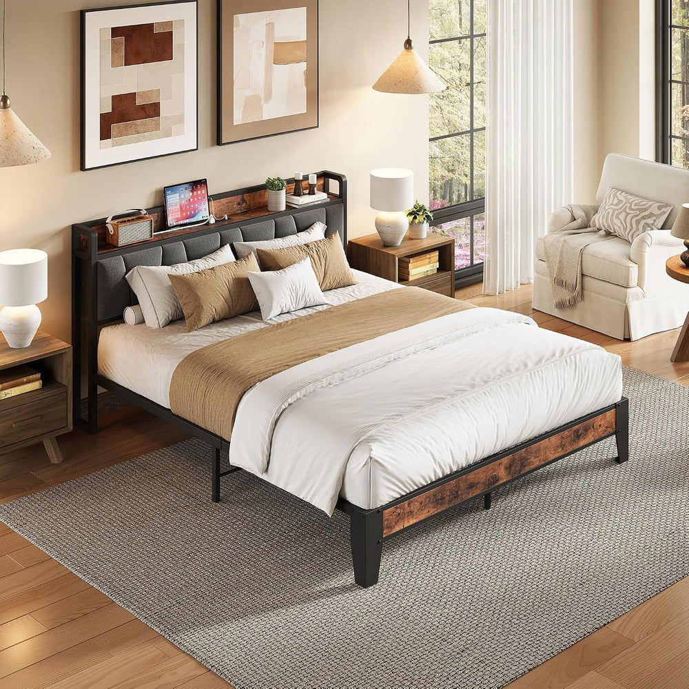 LIKIMIO Queen Size Bed Frame with Storage Headboard and Charging Station