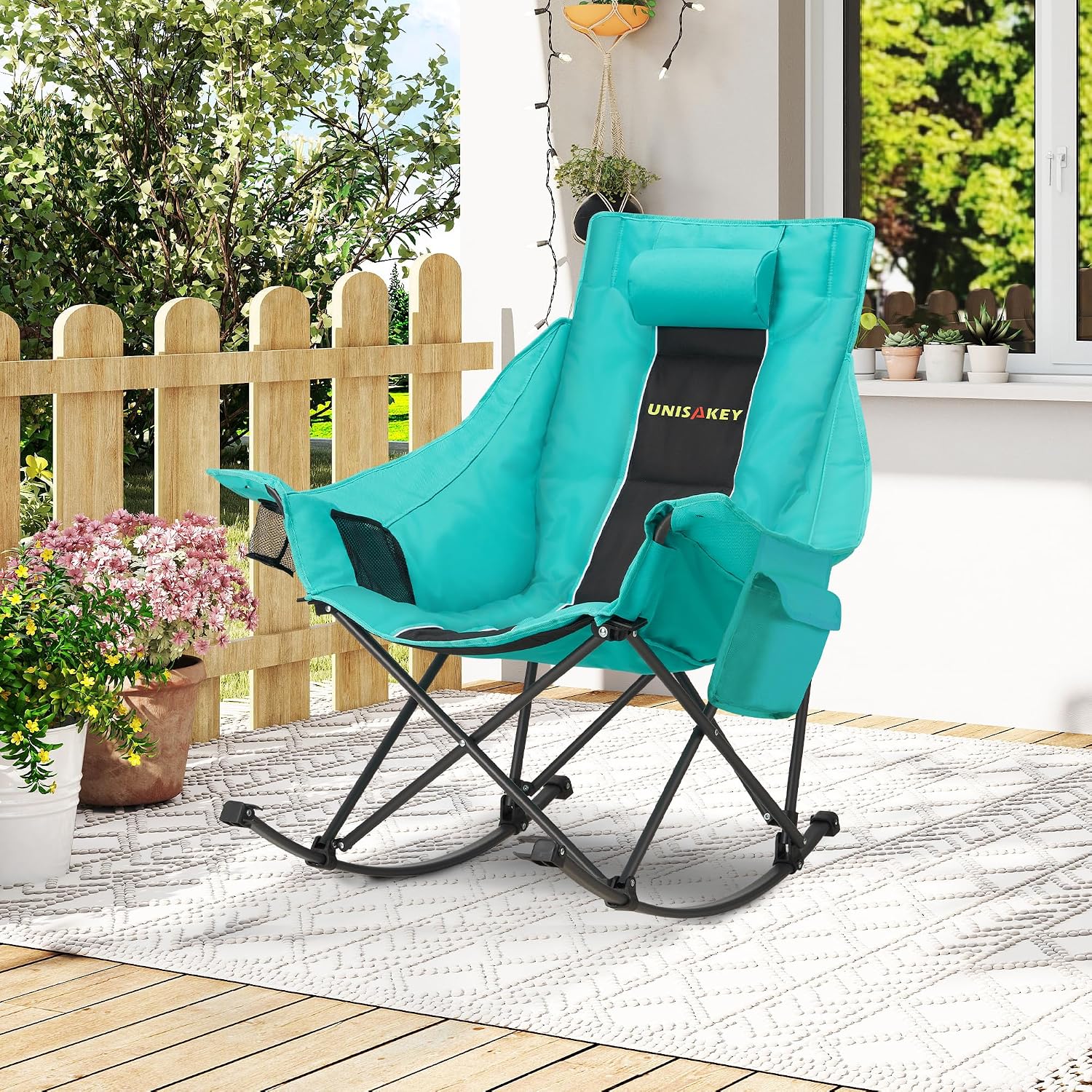 Unisakey Oversized Rocking Camping Chair with Headrest & Cup Holder - 300lbs Capacity, 600D Oxford Fabric, Easy Fold Portable Outdoor Rocker Chair for Camping, Backyard, Beach, Blackgreen