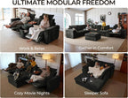 124.8'' Oversized Power Recliner Sofa with Headrest, Extra Wide Modular Cloud Sectional Reclining Couch, Convertible 4-Seater with Storage Ottoman for Home Theater Living Room, Chenille, Black
