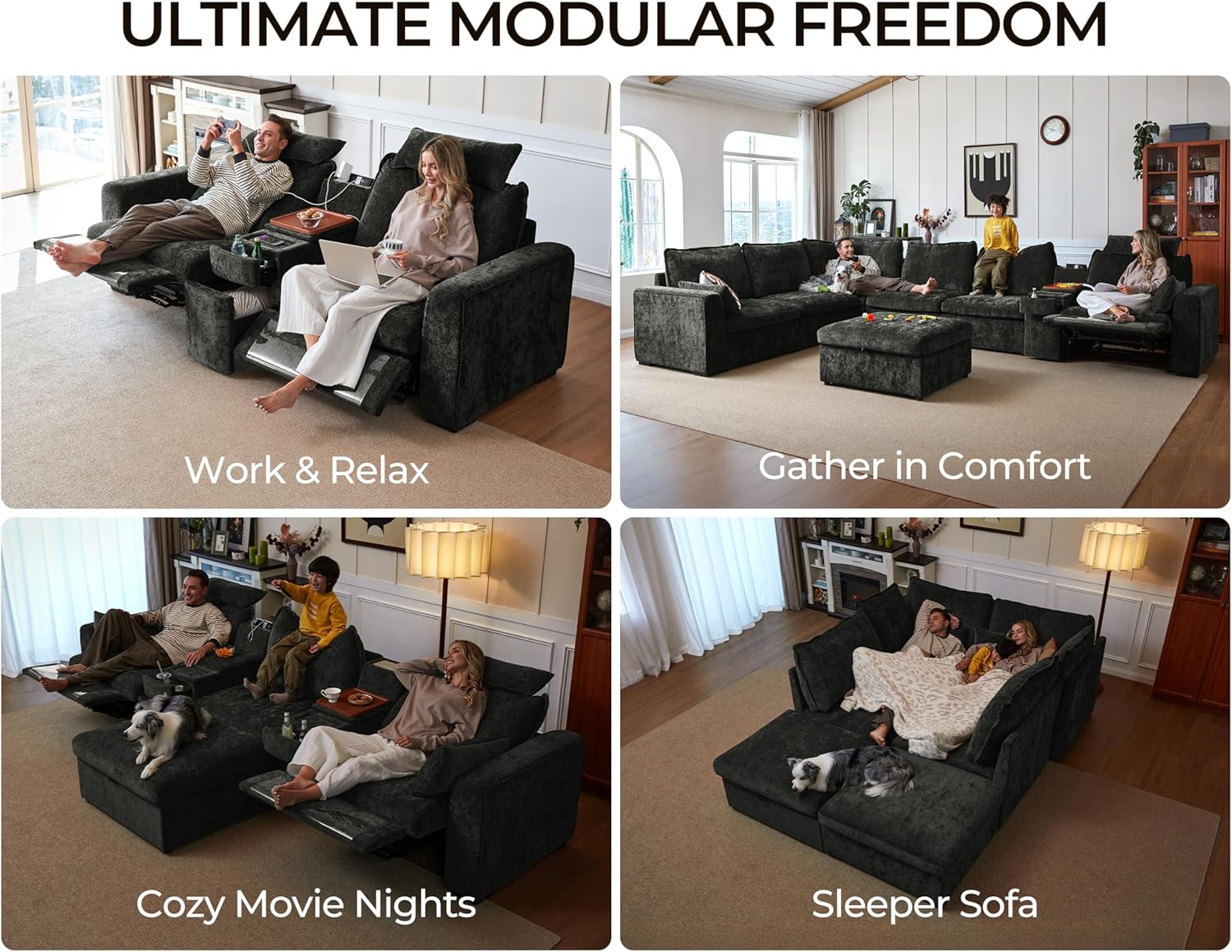170" Modular Power Reclining Sectional 7 Seater Couch with Ottoman Chenille | Oversized Cloud, Console Table, Charging Storage, Wall Hugger, Headrest, Washable Cover, for Home Theater Living Room, Black