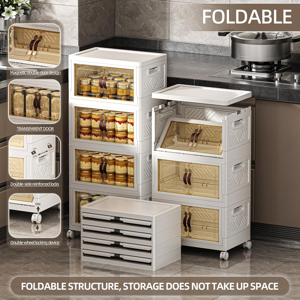 104 QT / 26 Gal Stackable Storage Bins with 1 Lid, Collapsible Plastic Organizer Cabinet with Wheels & Magnetic Doors for Closet, Home, Office – White Containers