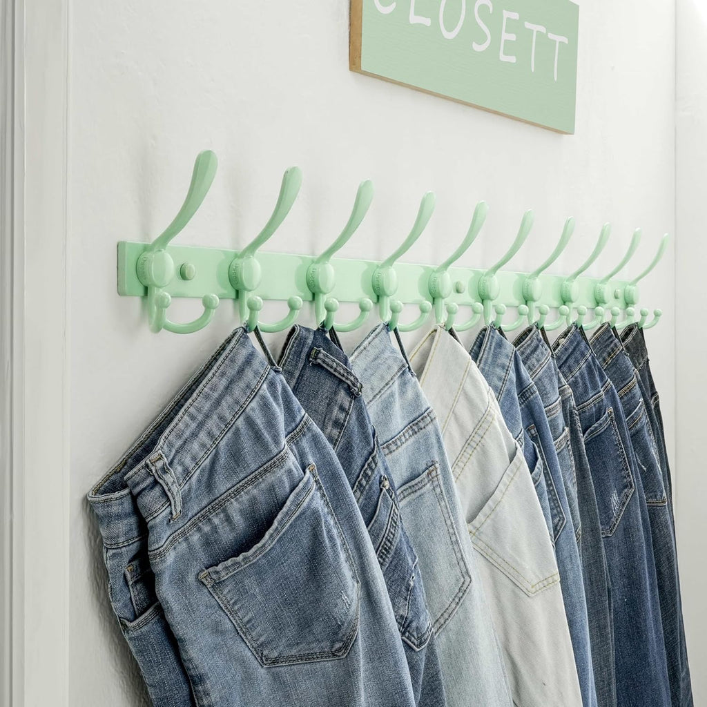 Dseap MaxStrong 2.0 Coat Rack Wall - 37” Long 10 Tri Hooks - Ultra Heavy-Duty Stainless Steel Wall Mount Coat Hanger, Hook Rail for Clothes Hats Jacket Towels Green, Pack of 2