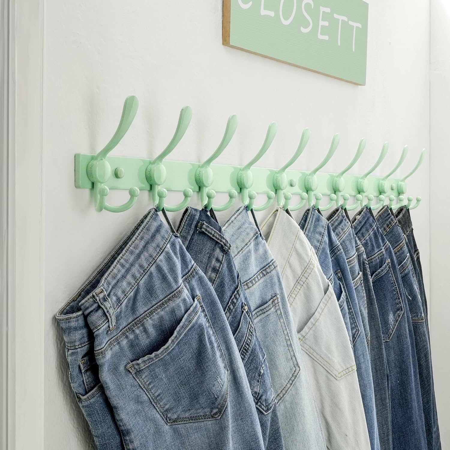 Dseap MaxStrong 2.0 Coat Rack Wall - 37” Long 10 Tri Hooks - Ultra Heavy-Duty Stainless Steel Wall Mount Coat Hanger, Hook Rail for Clothes Hats Jacket Towels Green, Pack of 2