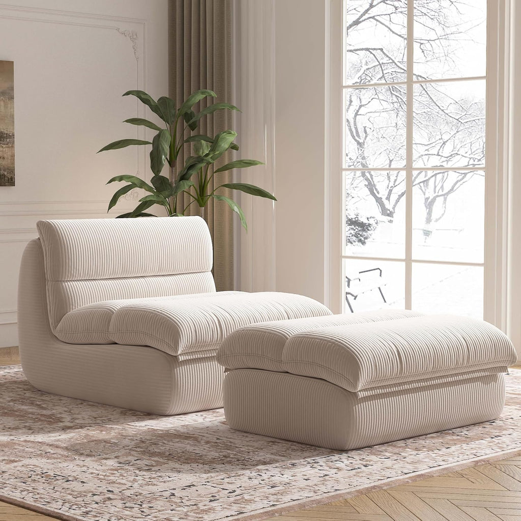 YVDNHP Bean Bag Chair with Ottoman, Cozy Comfy Reading Nook Chairs, Ultra Soft Corduroy Fabric Bean Bag Chairs for Adults, Reading Chair with Ottoman for Living Room, Bedroom Apartment (Beige)