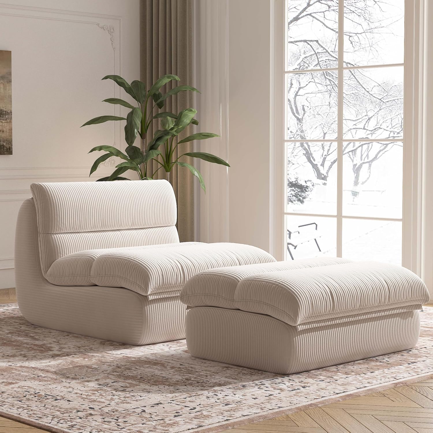 YVDNHP Bean Bag Chair with Ottoman, Cozy Comfy Reading Nook Chairs, Ultra Soft Corduroy Fabric Bean Bag Chairs for Adults, Reading Chair with Ottoman for Living Room, Bedroom Apartment (Beige)