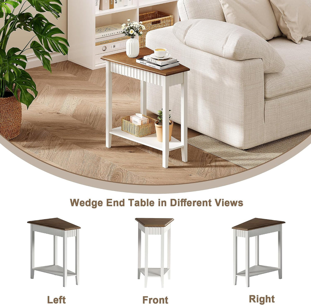 ChooChoo Wedge End Table, Narrow Triangle Side Table with 2-Tier Storage Shel...