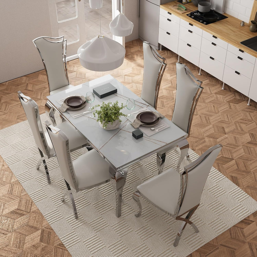Asday Dining Chairs Set of 6, White Faux Leather and Silver Streamlined High ...