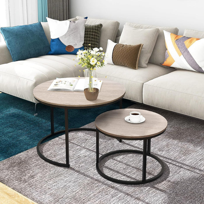 HOMERECOMMEND Round Coffee Tables Nesting Side Set of 2 End Tables for Living Room,Round Table with Solid Powder-Coated Metal Frame Natural Wood Color