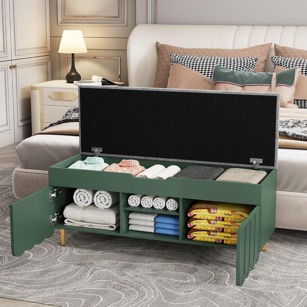 3More 40" Entryway Shoe Storage Bench,Upholstered Hidden Space Beneath Seat Cushion Bench,2-Tier Unique Geometric Shape with Wood Grain,Green